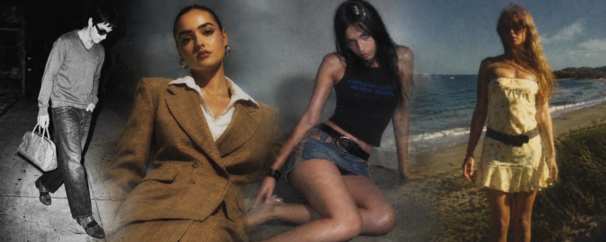Collage of selected work by Sergio Sizze: a black and white digicam portrait, a tailored editorial in tweed, and two digicam style looks