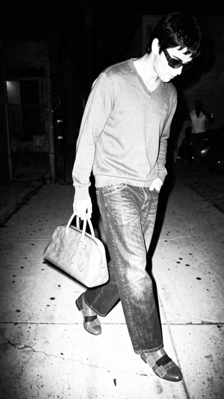 Black and white flash photo of a model in a grey knit, faded jeans and a leather bag walking at night