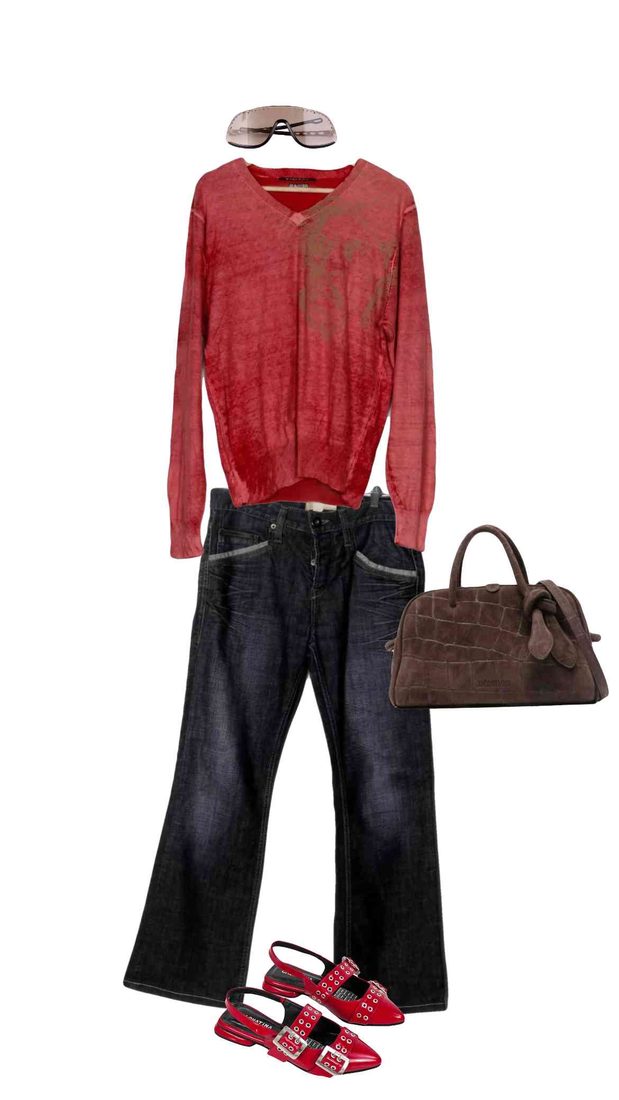 Look 01: red knit V neck, flared dark jeans, brown bag, red buckle flats and wrap sunglasses