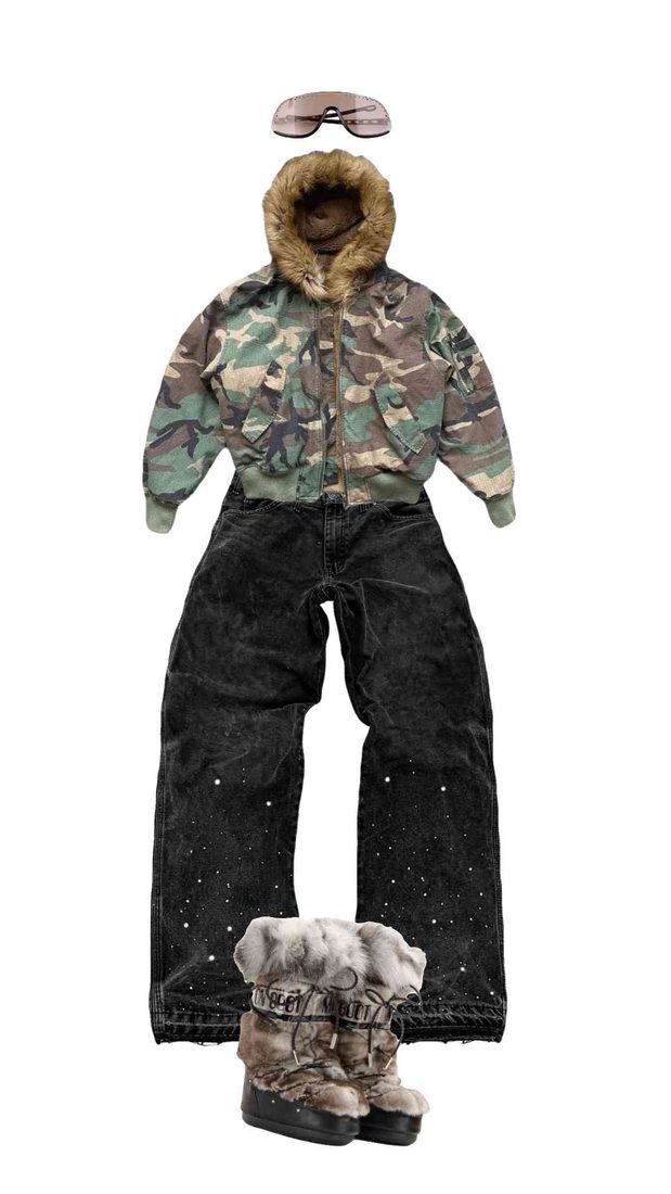 Look 02: camo bomber with fur hood, studded black wide jeans and fur snow boots