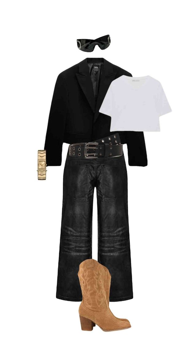Look 03: cropped black blazer, white tee, studded belt, washed black jeans and tan cowboy boots