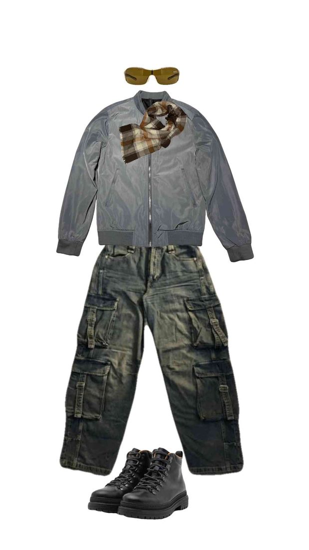 Look 04: grey bomber, plaid scarf, faded cargo jeans and black lace up boots