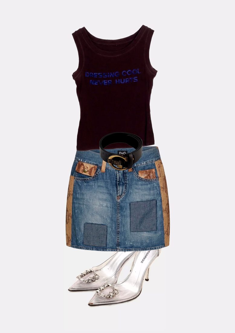 Look 05: Dressing Cool Never Hurts tank, patchwork denim mini skirt, black belt and clear jewelled heels
